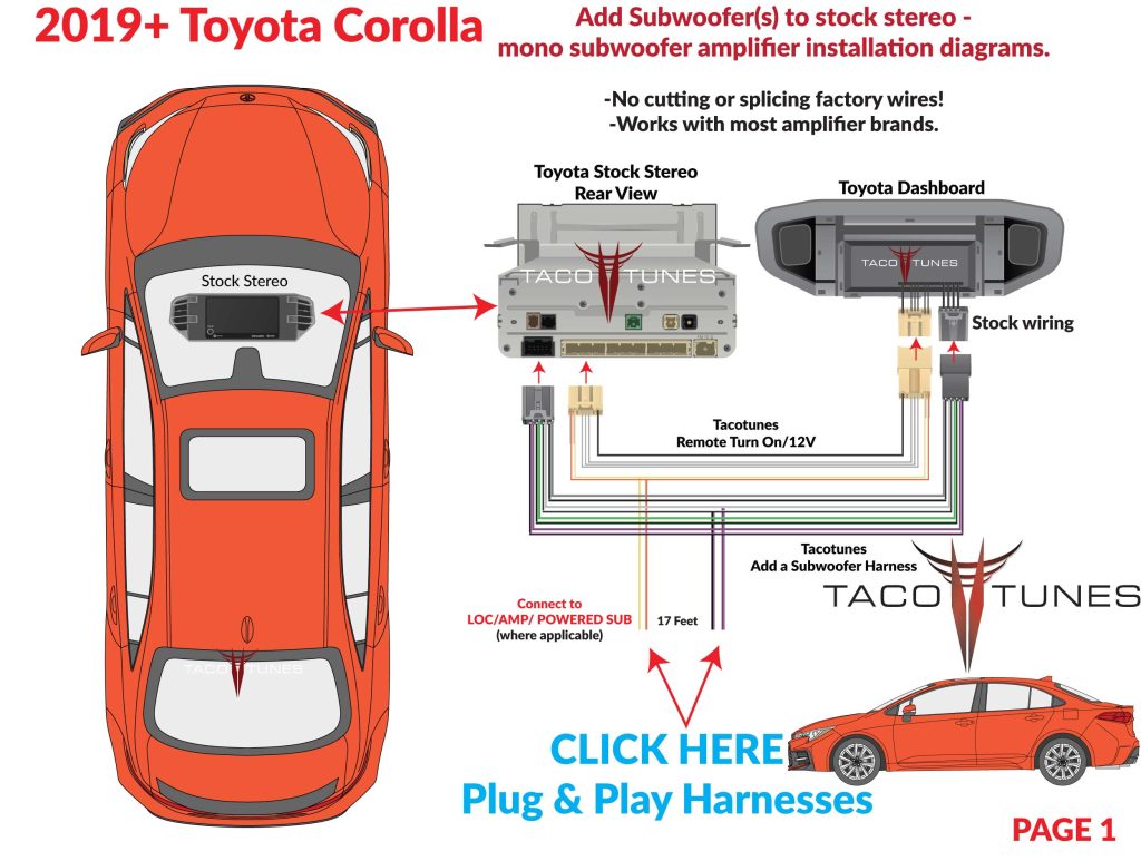 2019+ Toyota Corolla How to add subwoofer amplifier to stock stereo plug and play LC2i Pro LOC auto start