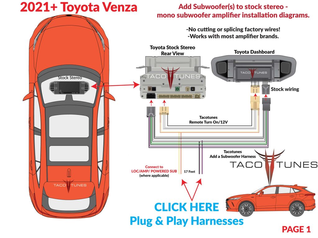 2021+ Toyota Venza How to add subwoofer amplifier to stock stereo plug and play LC2i Pro LOC auto start