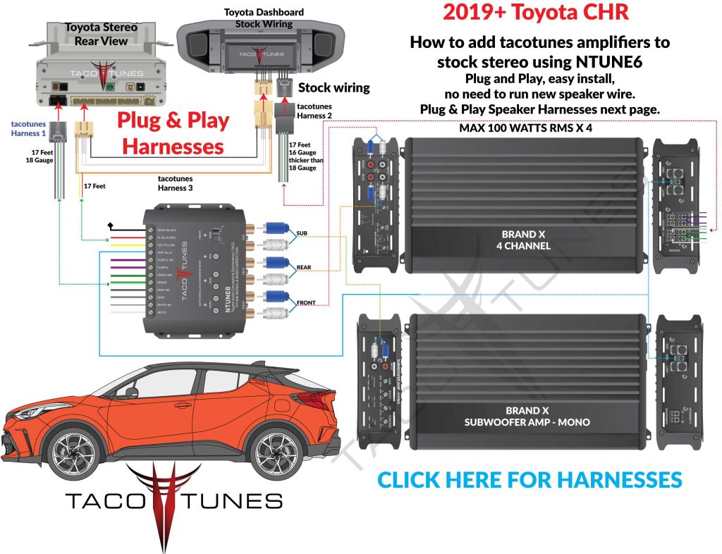 2019+ Toyota CHR NTUNE6 XYZ 4 Channel Subwoofer Amplifier Install schematic how to add amp to stock stereo