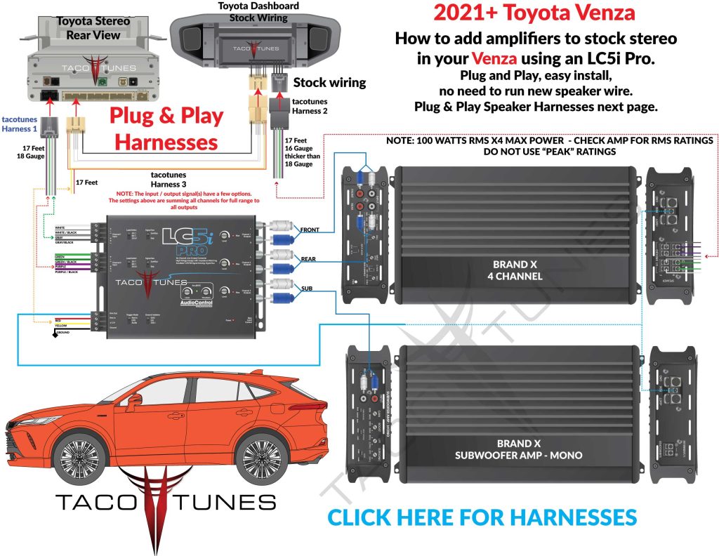2021+ Toyota Venza Audio Control LC5i Pro XYZ 4 Channel Subwoofer Amplifier Install schematic how to add amp to stock stereo
