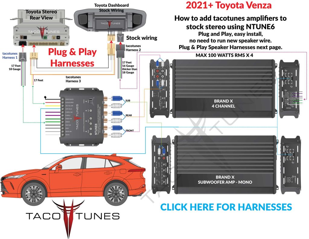 2021+ Toyota Venza NTUNE6 XYZ 4 Channel Subwoofer Amplifier Install schematic how to add amp to stock stereo